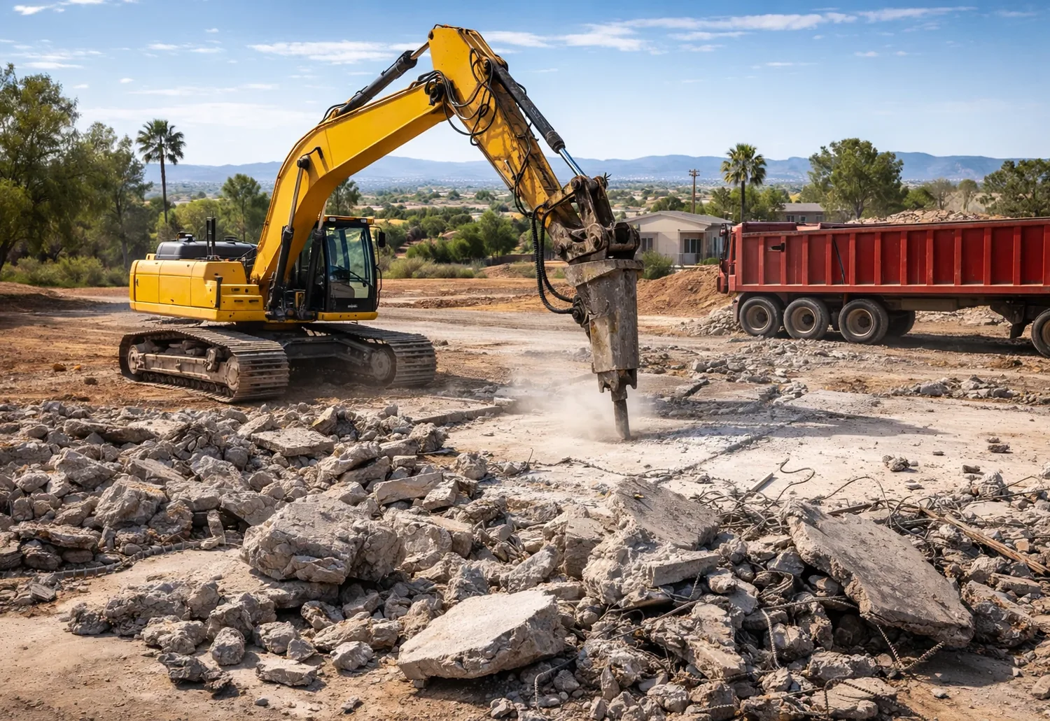 Excavator with a hydraulic hammer breaking up a concrete slab