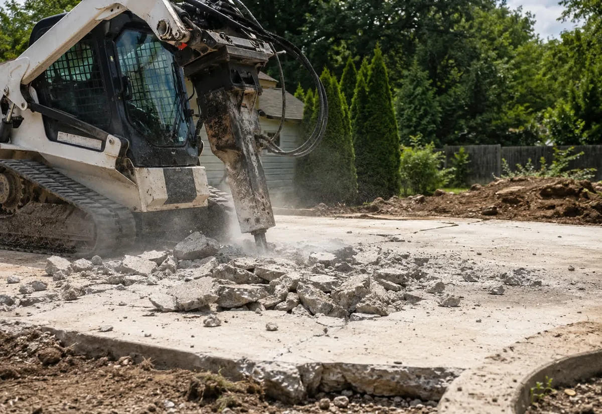 Compact track loader with a breaker attachment busting a concrete slab