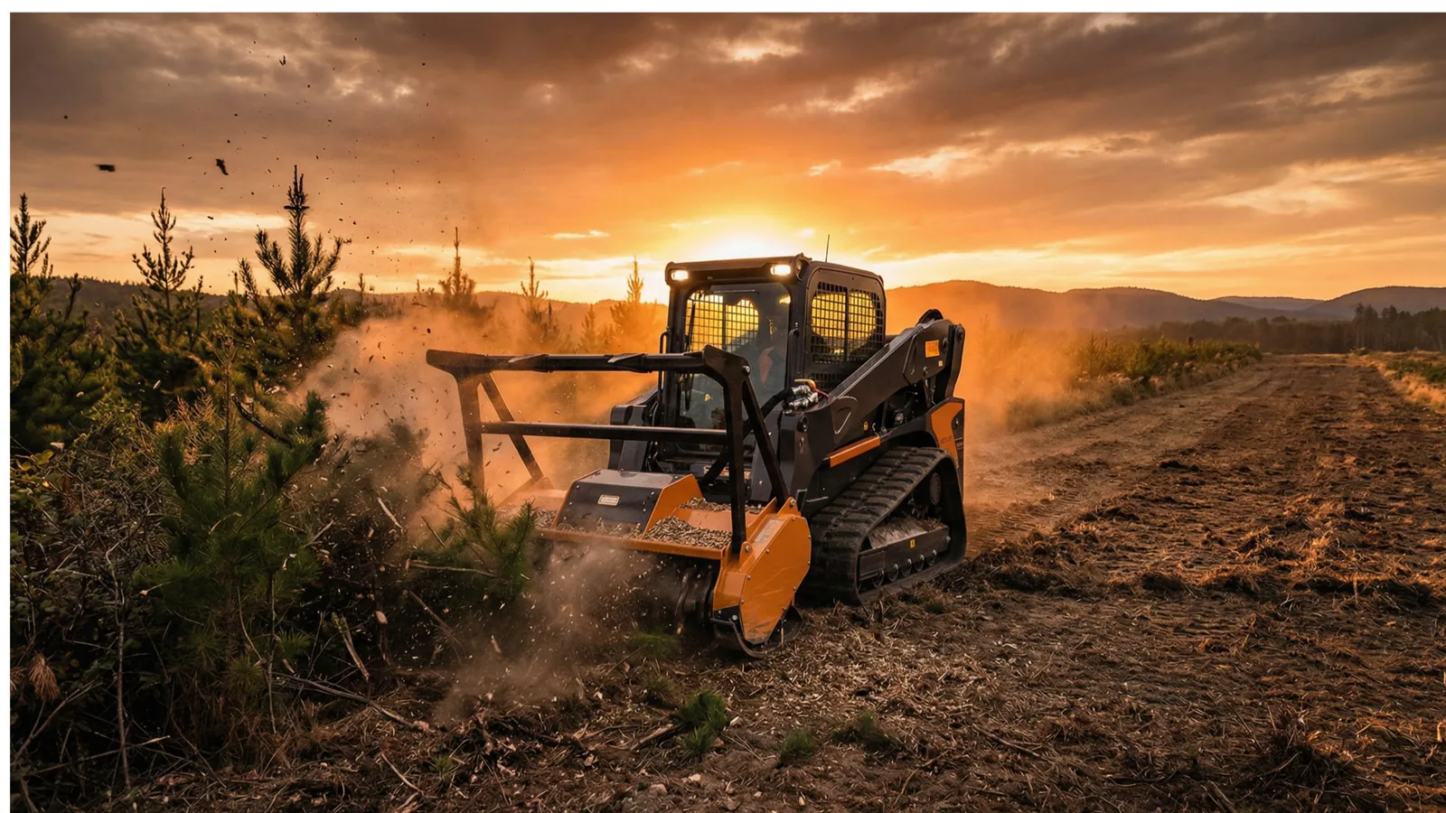 Track loader with a mulching head clearing brush at sunset