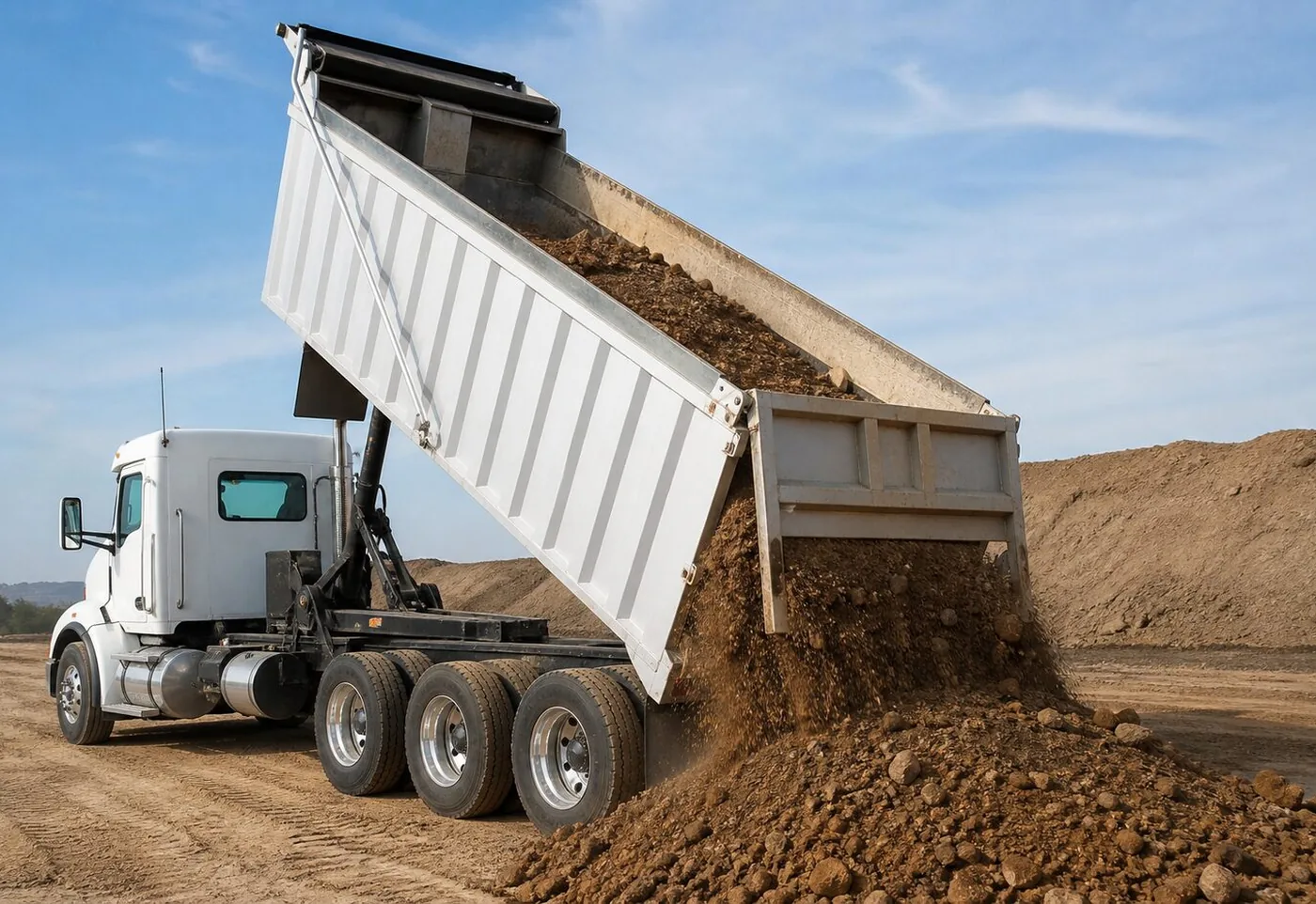 Tri-axle dump truck with its bed raised, dumping a load of dirt