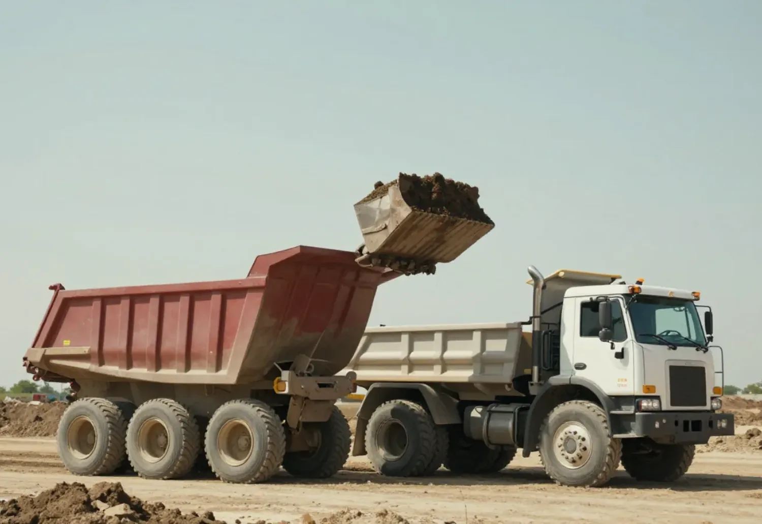 Dump truck being loaded with dirt on an open job site