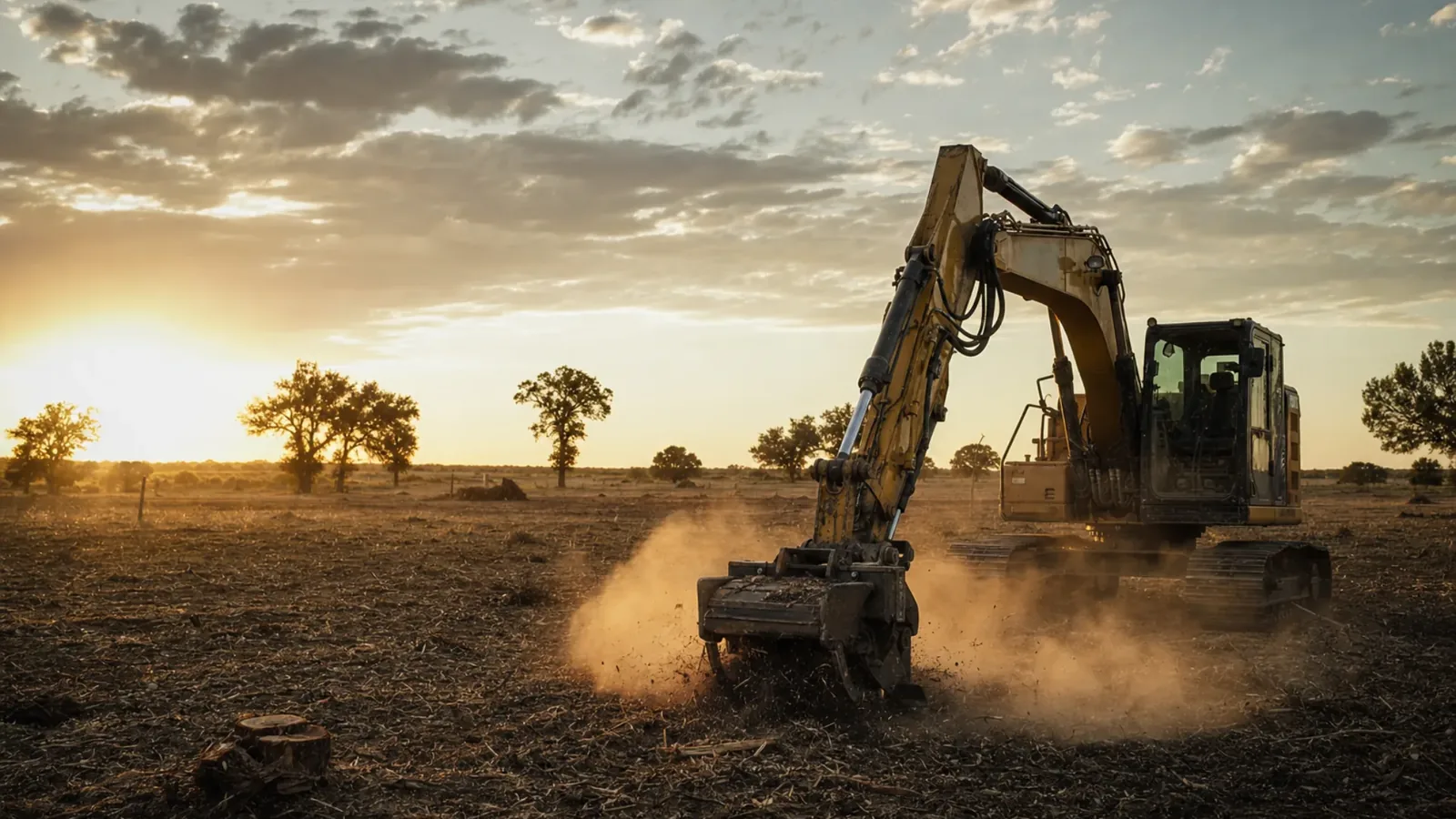 Excavator with a mulching head working a cleared field at sunset