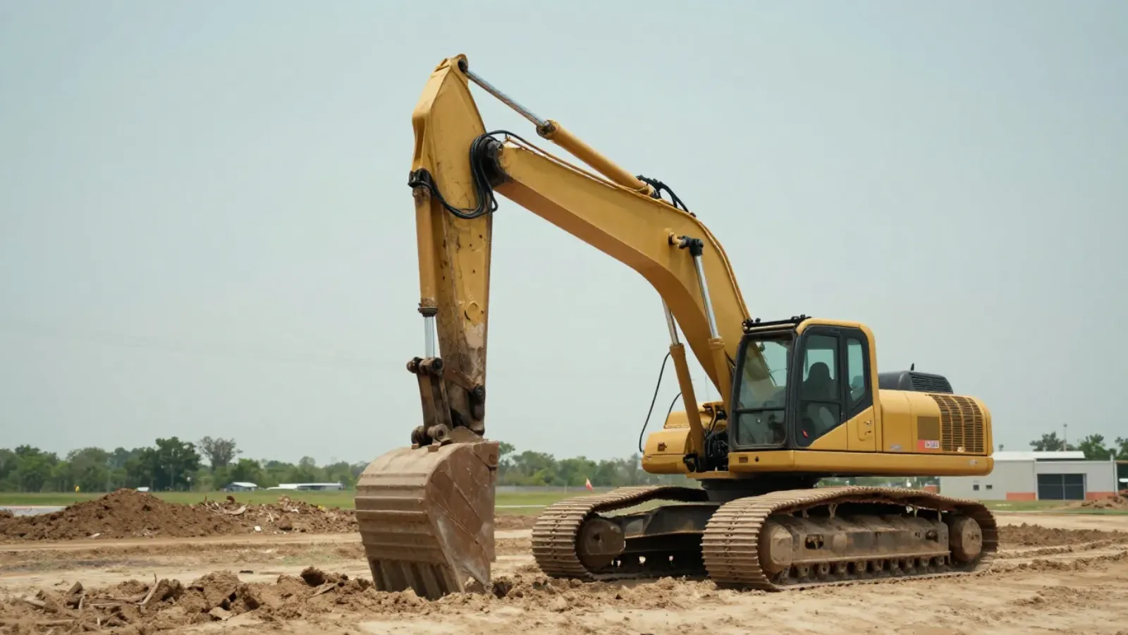 Tracked excavator parked on a graded dirt site with its bucket down