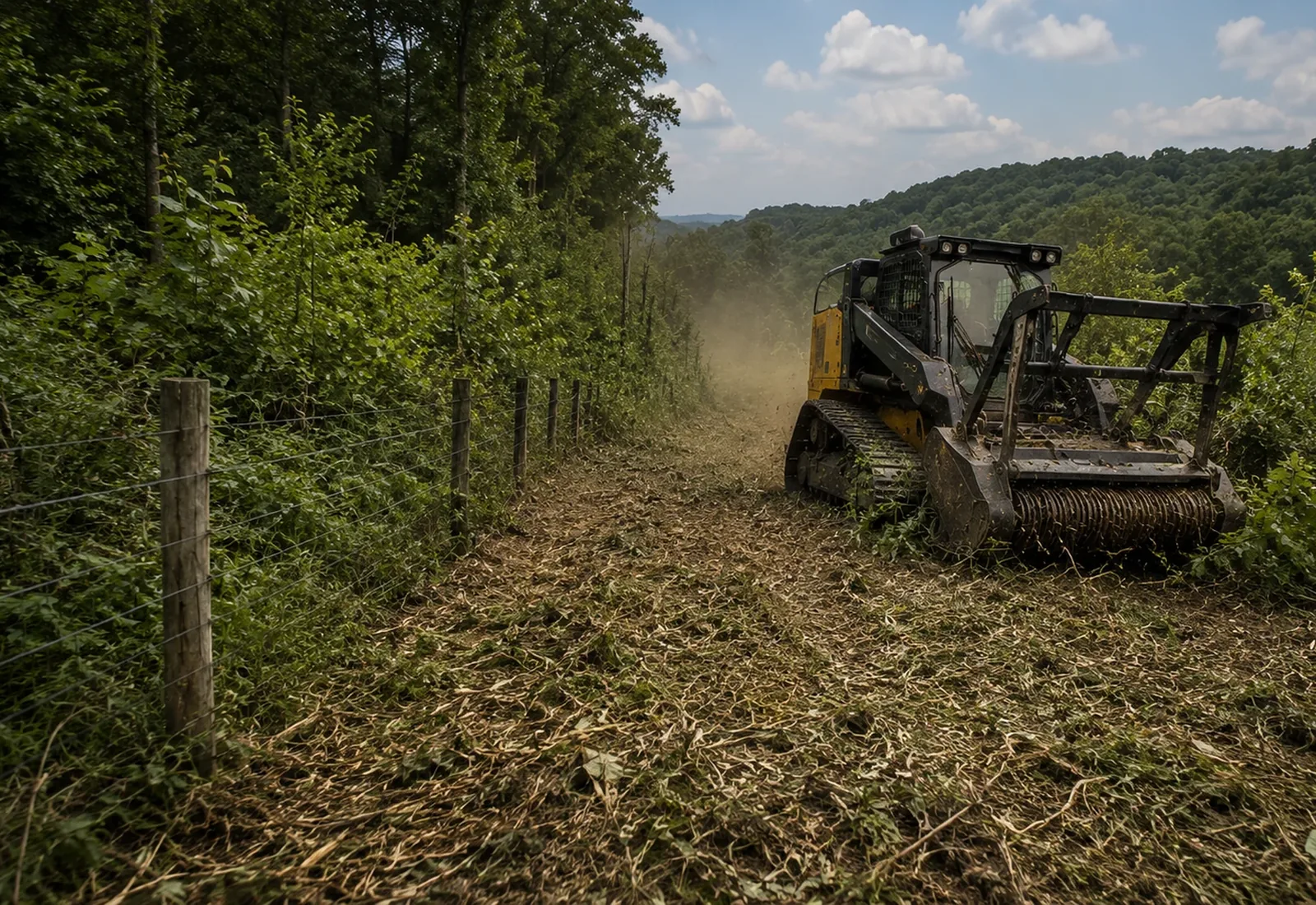 Track loader with a mulching head clearing along a fence line
