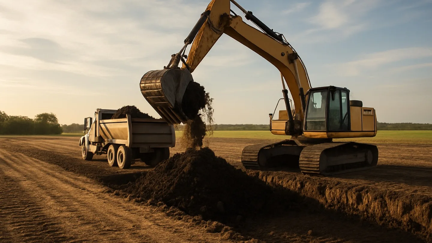 Tracked excavator loading a tandem dump truck with dirt on an open site at sunset