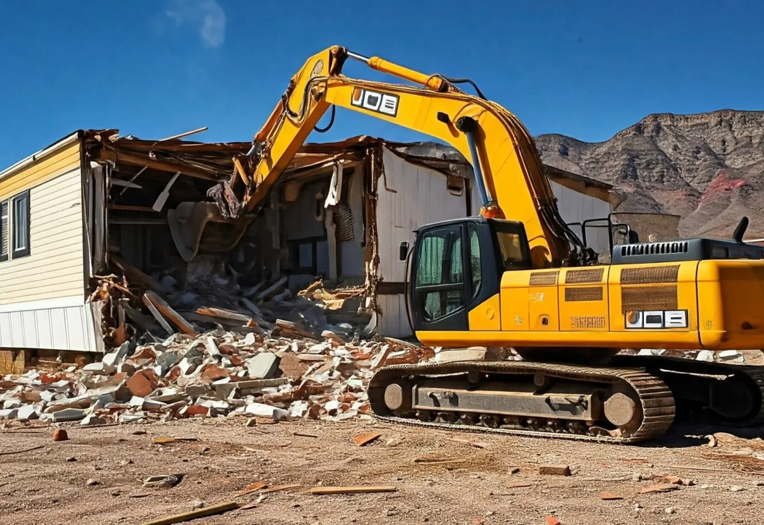 Excavator demolishing a mobile home on a dry lot with hills behind