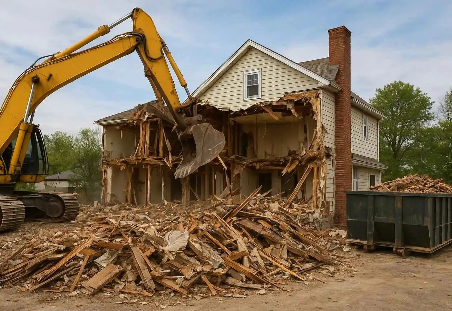 House half torn down with a pile of splintered lumber and a roll-off container beside it