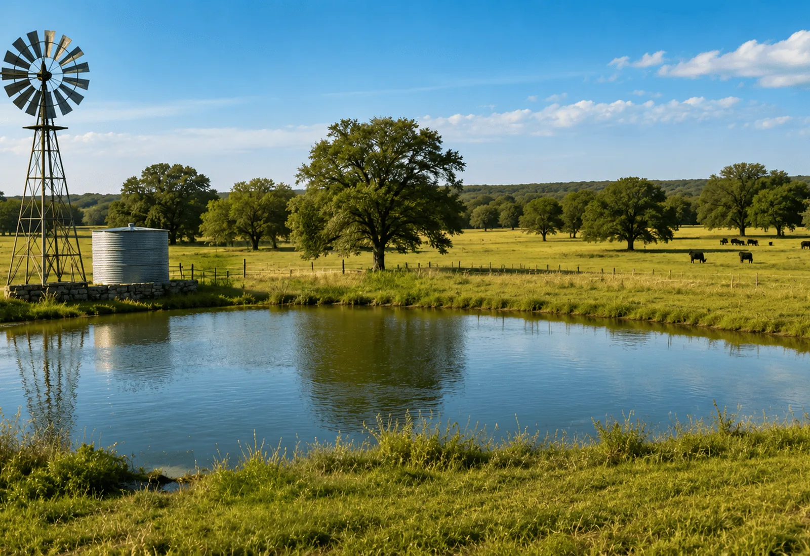 Finished ranch pond with a windmill and live oaks on the bank