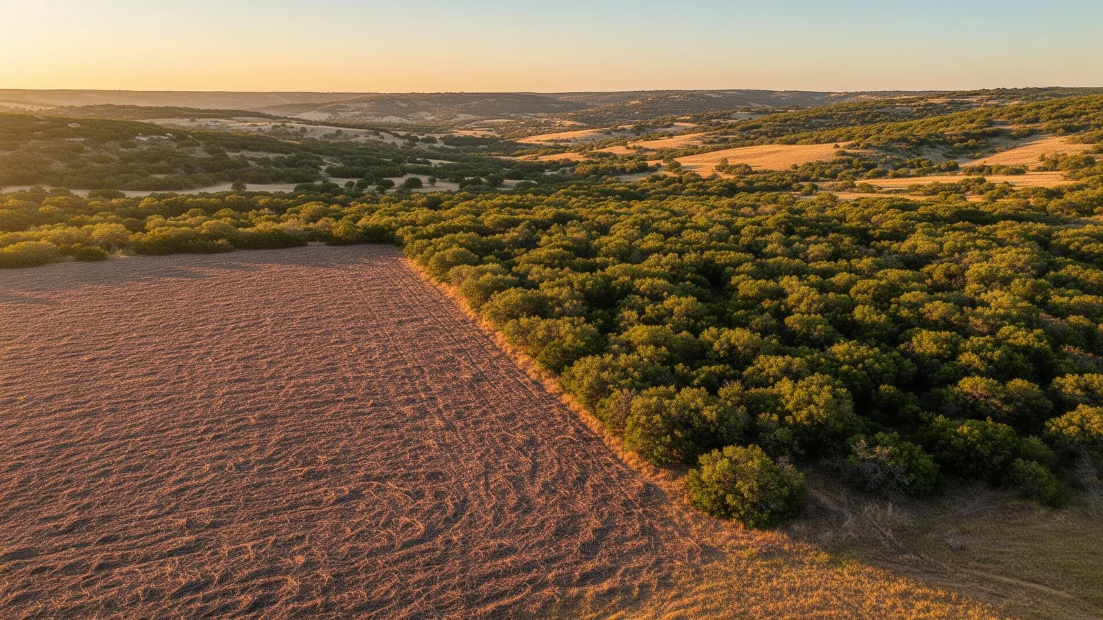 Aerial view of a cleared tract meeting untouched brush at golden hour