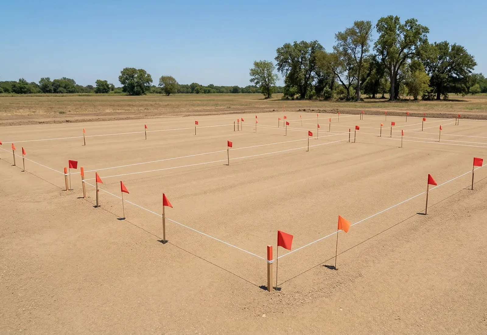 Compacted building pad with survey stakes and string lines set out